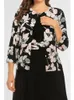 Robes pour femmes élégantes et formelles noir imprimé fleuri décontracté col rond 2 pièces ensembles robe longue avec veste à manches 34 240327