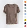 T-Shirt rétro à bords bruts pour hommes, 100% coton, léger, respirant, coupe ajustée, monochromatique, col rond, haut basique décontracté, 240326