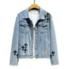 Men's Ins Street Loose Cross Brodery Denim Jacket B5fe#