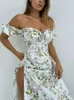 Robes décontractées mode sexy élégante fête bodycon robe lacet up split chic dames imprimées floral fleurie hors épaule bouffée manche courte