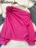 2024 Neue Sommerkleidung Hemd Schulter Rosa Damen Top Französische Laternenärmel 3D-Blume Mode Büro Damen Chiffon Top 240327