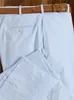 Ternos masculinos azuis sob medida 2 peças Blazer Calças Peaked Lapel Single Breasted Pinstripes Slim Wedding Groom Custom Made Plus Size T9Rw #