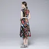 Casual Dresses Summer Fashion Brand Designer Print Runway Dress Women's Sleeveless Notched Blazer Office Work Midi Tank