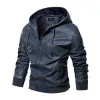 Herbst Männer Mit Kapuze Leder Motorrad Jacke Fi Slim Zipper Vintage Lokomotive Faux Leder Jacken Blau Windjacke Mantel 88PD #