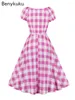 Party Dresses Drawstring Sweetheart Neck Pink Plaid Print Vintage 2024 Summer Women Vacation Prom Birthday 50s 60s Retro Dress