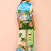 Women Holiday Casual Printed Coconut Trees Short Sleeve Shirt Blouse Top Loose Long Pants 2 Piece Set Summer Beach Outfits Suit 240314