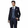 Bonito azul marinho ternos masculinos casamento noivo smoking fino ajuste formal busin blazer 3 peça conjunto jaqueta colete calças traje homme 52PD #