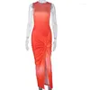 Casual Kleider Sommer 2024 Ärmellose Damen Mode Farbverlauf Druck Rundhals Sexy Split Engen Gesäß Kleid