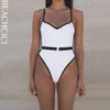 Women's Swimwear BEACHCICI Bikini One Piece Summer Fashion Sexy Suspender V-neck Black Hemming Belt Beach Holiday