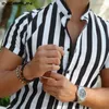 Incerun Mann Stilvolle Hintern Bluse Sommer Casual Tops Masculina Fi Gestreifte Männer Hemden Kurzarm Stehkragen Hemd 5XL 7 x6aQ #