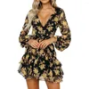 Casual Dresses Floral Leaf Printed Spring Dress Deep V-Neck Belt Nacing Up Long Sleeve Mini Beach Daily Wear Summer Woman