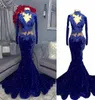 2022 Royal Blue Evening Dresses Wear Black Girls 스팽글 레이스 긴 슬리브 레이스 아플리케 구슬 아프리카 공식 무도회 M5426654