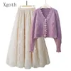 Work Dresses Lady Set Purple V-Neck Single Breasted Cardigan Apricot/White Gauze Bright Silk Midlength Skirt Fantasy Two Piece Women