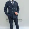 granatowe garnitury w paski dla męskich dwuwarstwowych busin Blazer Wedding Groom Tuxedo 2-częściowy zestaw kurtki spodnie Terno Masculino C5fl#