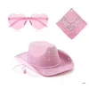 Basker cosplay cowboy hatt för kvinnlig västerländsk brett rim topp kerchief halsduk hjärta solglasögon Bachelorette Party Costume Props