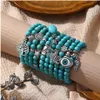 Beaded Bohemian Natural Stone Beads Bracelets Lucky Charm 8Mm Blue Turquoises Couple Jewelry Bracelet Hand Chain For Drop Delivery Dhngm