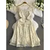Casual Dresses Elegant Women Summer Dress Chic Embroidery Slim midje Flying Sleeve A-Line Vestidos Female Outfit Long Strap Frocks