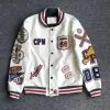 men's spring and autumn baseball uniform Y2K trend leather jacket heavy industry embroidery white short coat ins hot sale V52R#