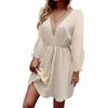 Robes décontractées Femmes Tunique Mini Robe Couleur Unie Col V Manches Longues À Volants Mode Lâche Plage Flowy Femme Taille