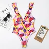 Damen-Bademode NIOIK 2024, einteiliger Badeanzug, mehrfarbiger, blinkender Bikini mit Flamingo-Print