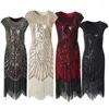 Casual Dresses O Neck Sleeveless Tassel Sequin Dress for Women Vintage Elegant Party Banket Hög midja Medium Längd Sommar 2024