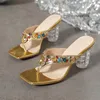 Slippers Diamond Sandals 2024 Summer Women's Fashion Thick Heel Glass Shoes Sexy Temperament Transpa Newest Summer With Box sz 36-45