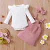 Ensembles de vêtements Spring Baby Girl Vêtements Set Fashion Born Infant Solide Couleur Solide Romper Robe globale Bandeau 3pcs pour les tenues en bas âge