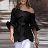 Camicette da donna Top attillati in vita Camicetta estiva elegante con lacci con colletto obliquo Mezza manica svasata Solido elegante per lo streetwear