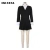 Cmyaya ins moda feminina plissado mini saias terno e camisa retalhos manga longa blazer combinando 2 conjunto de duas peças roupas 240320