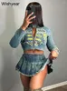 Work Dresses Harajuku Stretch Denim Women's Embroidery Jacket And Mini Pleated Skirt 2 Two Piece Suits Washed Streetwear Night Club Outfits
