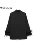 Willshela Women Fashion Satin Black With Feather Blazer Jacket Vintage Notched Neck Single Button Long Sleeves Female Outfits 240318