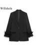 Willshela Damesmode Satijn Zwart Met Veren Blazer Jas Vintage Notched Hals Enkele Knop Lange Mouwen Vrouwelijke Outfits 240318