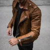 fi Leather Coat Men Spring Autumn Slim Lapel Locomotive Men Leather Jacket Solid Color Lg Sleeve PU Brown Leather Jacket 74E7#