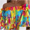 Women'S Blouses & Shirts Womens Women Off Shoder Ruffled Trim Shirring Shirt Female Top Summer Casual Long Sleeve Colorf Tighten Wais Dhbji