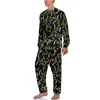 Ropa de dormir para hombre, pijamas con estampado Floral rosa, manga larga, hojas verdes, conjuntos de pijama de noche de 2 piezas, gráfico Kawaii de otoño para hombre