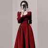 French Hepburn Style Wine Red Square Necked Dress for Early Autumn New Womens Clothing with a Sophisticated and Toasting Attire