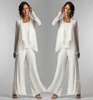 Ivory White Chiffon Lace Lady Mother Pants Suits Mother of The Bride Groom With Jacket Elegant Women Party Dresses Trouser4420402