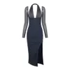 Fashionable Women's New Mesh Sleeved Sexy Deep V Slim Fit Wrap Hip Split Long Dress 921975