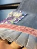 Dżinsy dżinsy chiński w stylu nogi splicing organza haft haftowa długość dla kobiet 2024 Spring High talia Stretch Casual Denim Spods