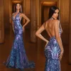 Sexy grape blue mermaid prom dress halter sequins formal evening dresses elegant backless dresses for special occasions sweep train robe de soiree