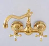 Bathroom Sink Faucets Gold Color Brass 360 Swivel Spout Basin Faucet Dual Handle Hole Kitchen Cold Water Mixer Tap Dsf617