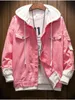 Mäns huva denimjacka Pink Jean Coats Fake Two Pieces Solid Color Loose Coat Fi Designer Men's Casual Denim Jacket 66do#