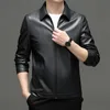 2024 Spring and Autumn Men's Genuine Leather Polo Mock Neck Jacket Fi Slim Sheepskin Coat Black Grey Husband Gift Youth 31Bv#