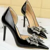 Dress Shoes Western Style Party 10.5cm High Heels Pumps Stiletto Patent Leather Pointed Toe Hollow Rhinestone Butterfly Knots Wedding