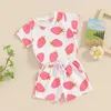 Ensembles de vêtements pour bébés filles, tenue 2 pièces, imprimé fraise, T-shirt à manches courtes, short élastique, ensemble de vêtements d'été mignons