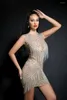 Stage Use Sexy Transparent Bar Singer Prom Concert Performance Costume Costume de Silver Rhinestone Tassel Mesh Mesh Short Dress