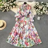 Long Sleeved Floral Silk Resort Maxi Dress Women Designer Elegant Button Cardigan Shirts Dresses Stand Collar Ladies Sashes Casual Beach Party Clothes Frocks