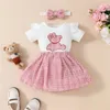 Set di abbigliamento Blotona Gonna per bambina Completi con ricamo a orso Pagliaccetto a maniche corte con mini scozzese e fiocco con fascia Set da 3 pezzi 0-18M