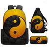 Sac à dos imprimé en 3D Yin Yang Tai Chi, sac à bandoulière, étui à stylos, 3 pièces/ensemble étudiants enfants Oxford, cartable étanche pour ordinateur portable