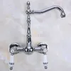 Banyo Lavabo Muslukları Cilalı Krom Pirinç Duvara Monte Mutfak Musluk Döner Spout Mixer Musluk Çift Seramik Kulpları Kollar TNF958